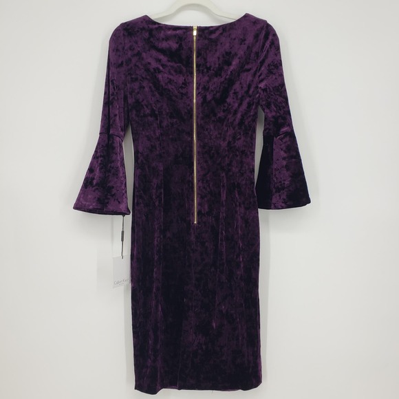 Calvin Klein Crushed Velvet Dress 4 Bell Sleeve Sheath Knee Length Purple NWT - Picture 2 of 10